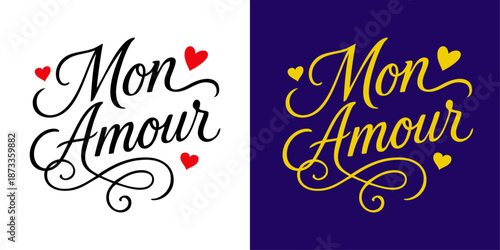 Grupo de mensajes en francés Mon Amour con corazones y florituras de adorno para tarjetas y felicitaciones para el Día de San Valentín 