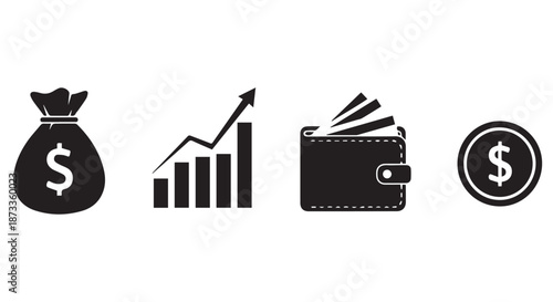 A collection of black and white financial icons on a clean white background