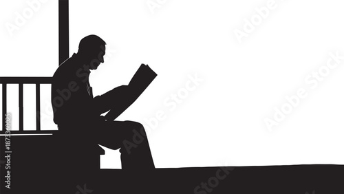 Relaxed silhouette of a man sitting on porch steps reading a newspaper, peaceful morning routine concept