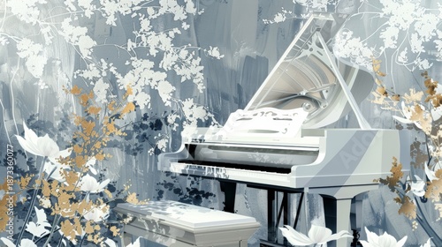 The image features an artistically rendered scene with a white grand piano at its center, surrounded by an ethereal backdrop of flowers and trees in muted white and grey tones, imbuing the setting