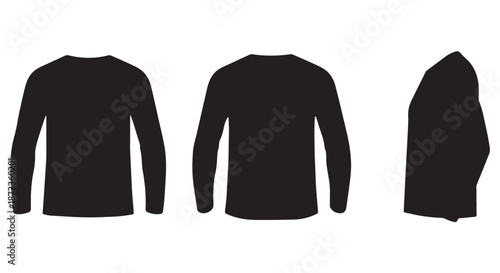 A set of black long sleeved shirts in different views on a white background