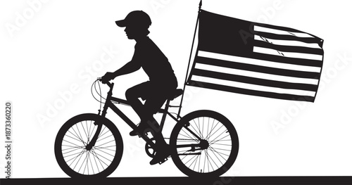 Silhouette of a young boy riding a bicycle while carrying a large American flag, patriotic childhood and summer freedom concept on white background.