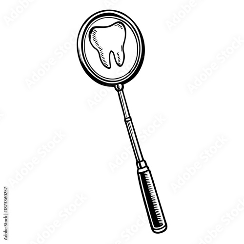Dental mirror showing tooth in black and white style for dental examinations and hygiene