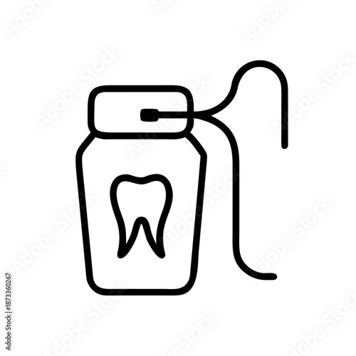 Dental floss container with floss in black and white line art style for oral hygiene and teeth care