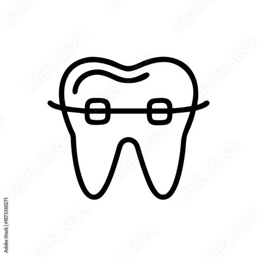 Orthodontic treatment tooth with braces in black and white line art style for smile alignment and correction