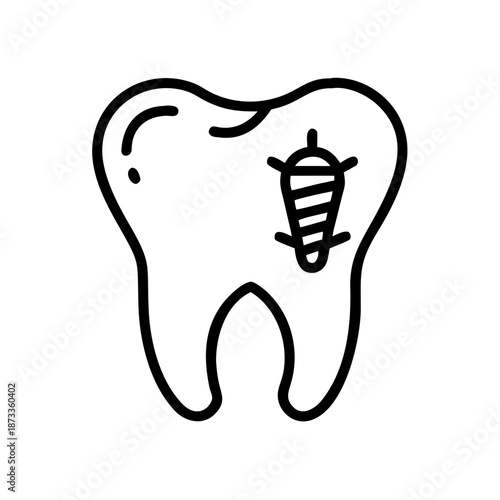Dental implant in tooth in black and white line art style for restorative dentistry and oral health