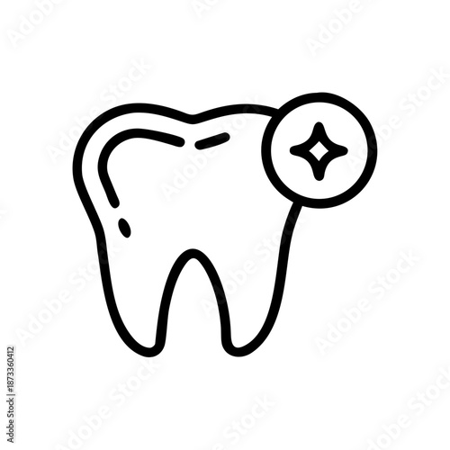 Cosmetic dentistry tooth with shine in black and white line art style for dental aesthetics and smile improvement