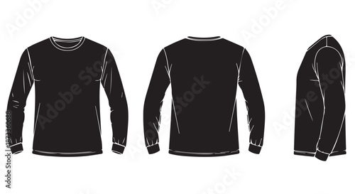 A black long sleeved shirt shown from multiple angles on a white background