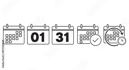A simple black and white illustration of various calendar icons and a clock