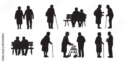 Silhouettes of elderly men with cane.Set of vector silhouettes isolated on white background.elderly senior old age people walking set collection pack bundle