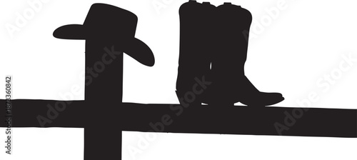 Silhouette of a cowboy hat and boots resting on a rustic wooden fence, classic western and ranch lifestyle symbols.
