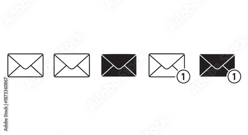 A set of black and white envelope icons with notification indicators on a plain background
