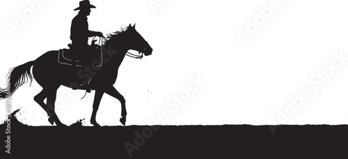 Silhouette of a cowboy riding a galloping horse across a flat horizon, traditional western ranch and equestrian scene.