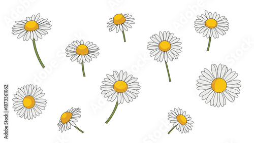 Scattered arrangement of multiple cheerful white daisy-like flowers with bright yellow centers, each swaying gently, depicted in a delightful pixel art style.