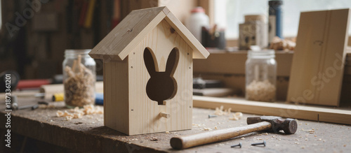 Handmade wooden birdhouse with rabbit cutout sitting on workbench in carpentry workshop