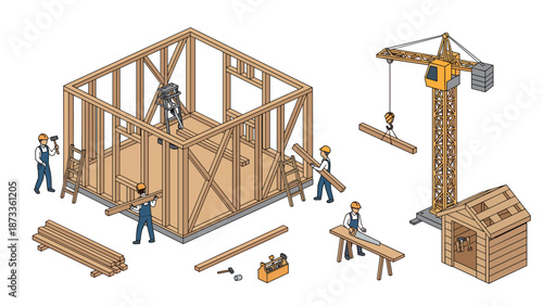 Bustling construction site with workers actively building the wooden frame of a house, accompanied by a tall crane and various tools, rendered in an intricate isometric pixel art style.