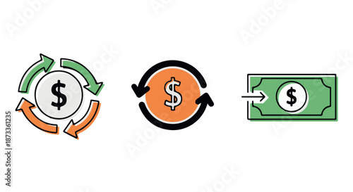 A graphic illustration of money circulation and exchange concepts with dollar signs and arrows.