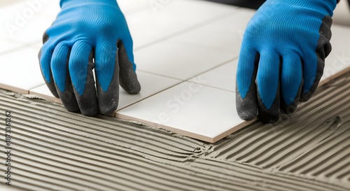 Close-up Image of Handyman Laying White Ceramic Tiles on Floor with Blue Gloves for Home Renovation and Interior Design