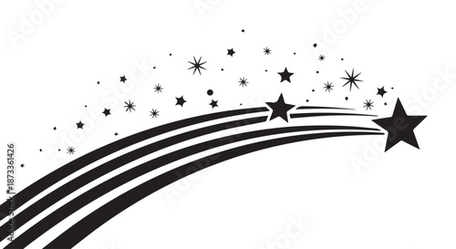 A stylized illustration of a shooting star streaking across a starry night sky in black and white.