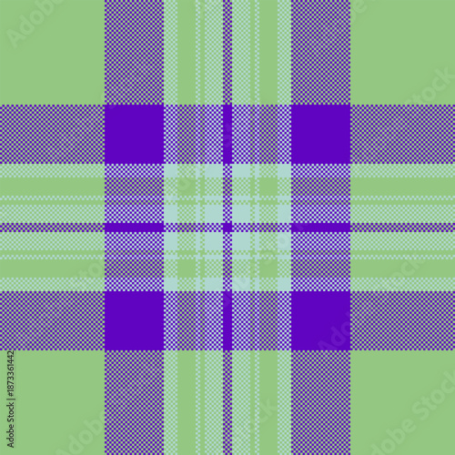 Curved textile background check, vogue texture tartan seamless. Checkered plaid pattern fabric vector in green and violet colors.