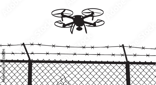 A drone flies over a secure fence with barbed wire on a white background.