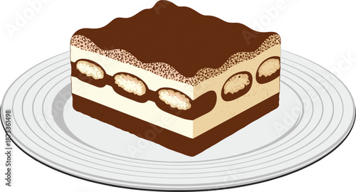 Tiramisu, dessert, cake, Italian, sweet, cocoa, creamy, layered, pastry, food, gourmet, slice, plate, icon, delicious, editable, treat, chocolate, set, flat vector illustration