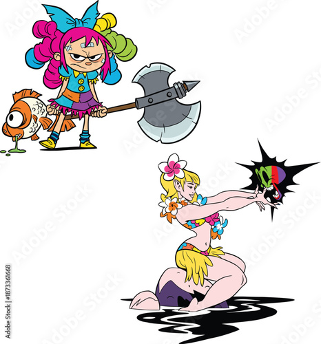 Funny fantasy characters, warrior girl with axe and dead fish, and island girl casting magic spell vector illustration