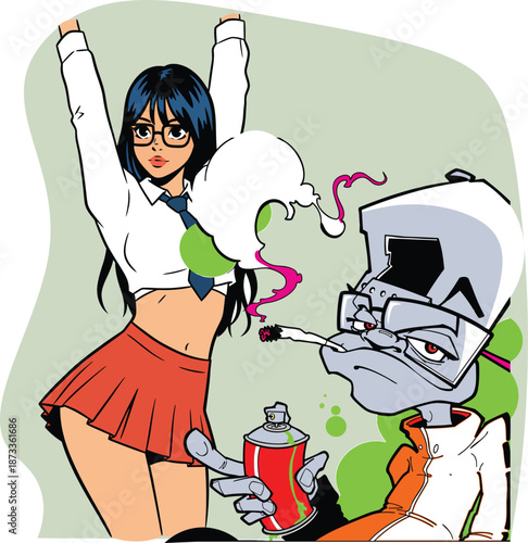Cheering schoolgirl character and alien creature smoking cigarette with spray paint, urban street art style vector illustration