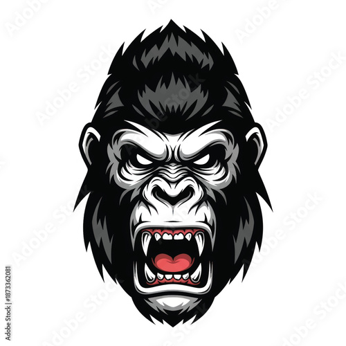 Intense gorilla head illustration exhibiting fierce expression with bared teeth and dynamic energy.
