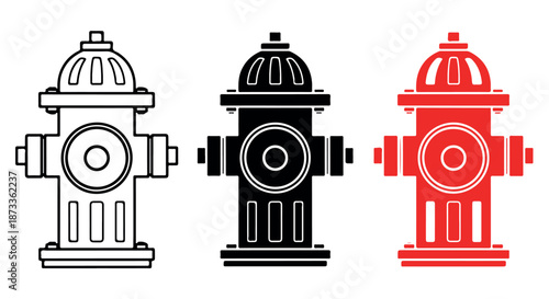 A set of three colored fire hydrant icons in black, white, and red on a plain background