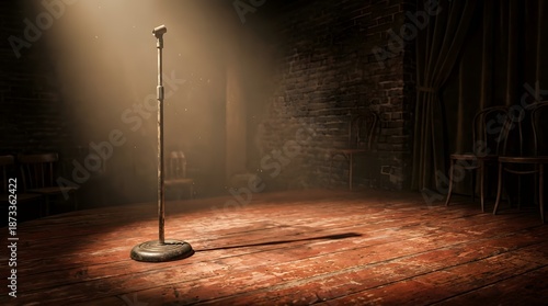 Illustration of a dimly lit stage with a single microphone stand spotlighted on a wooden floor with a brick wall and chairs in the background