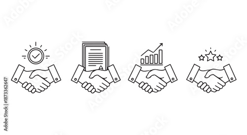 A graphic illustration of business partnerships and agreements with handshake icons.