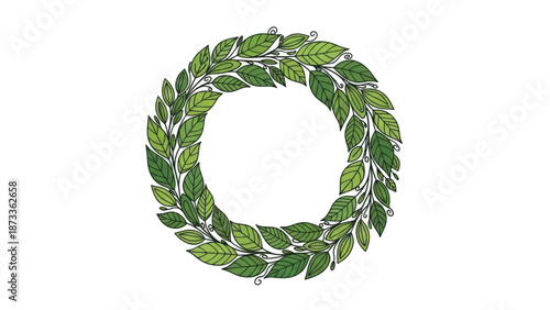 Circular green leaf wreath decorative frame made from fresh leaves for nature themed design.