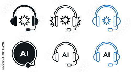 A set of six icons depicting headsets with speech bubbles and AI logos on a white background