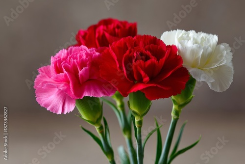 Vibrant red and pink carnations with white bloom against soft background