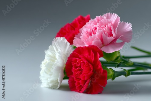 Vibrant red, pink, and white carnations on gray background