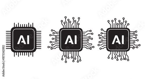 Three black and white AI chip icons with circuit board designs on a white background