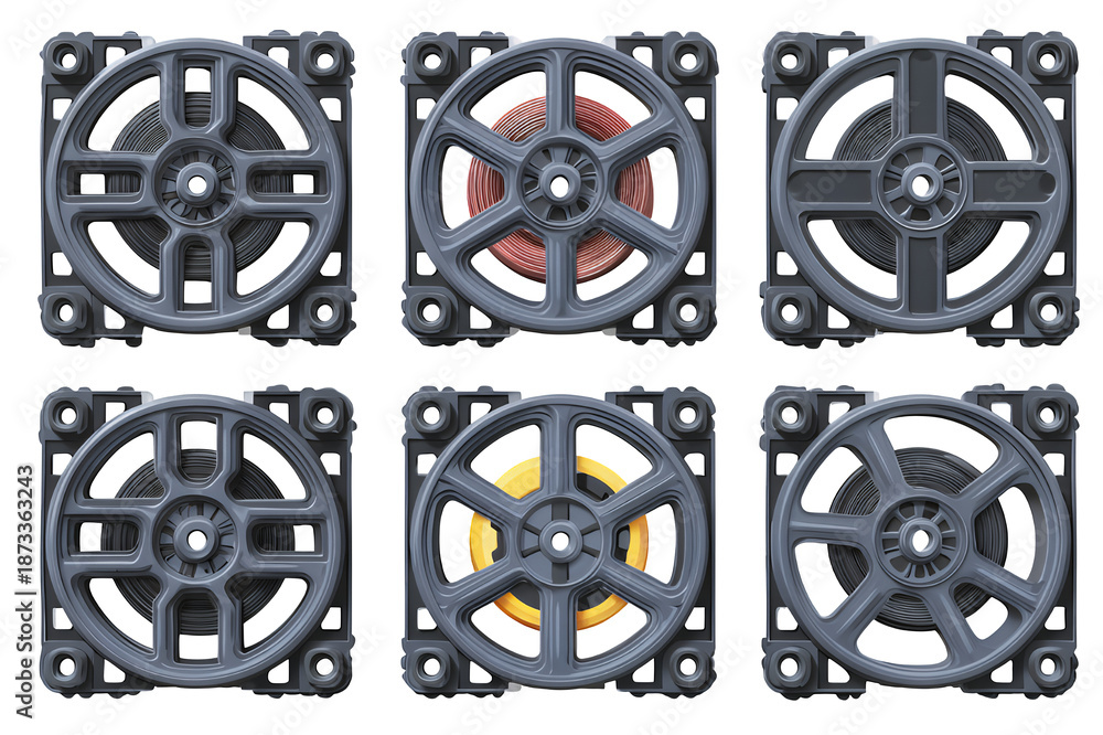 Naklejka premium Six gray computer fans with different colored blades on transparent background