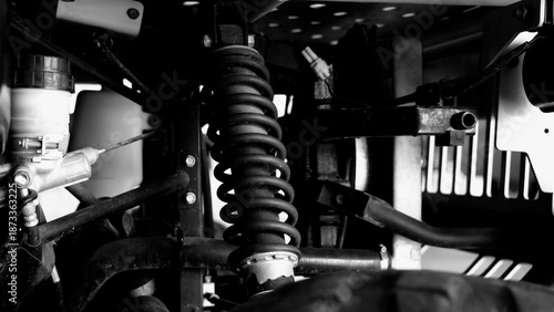 Old car suspensions. Close up car suspension wear and tear parts. CV joint Rubber boot and Control arms bushing Steering rack axles Shock absorber Brake exhaust. Gas Diesel car service repair parts.