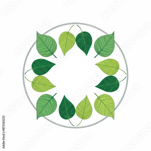 Decorative green leaf wreath forming a circular botanical frame.
