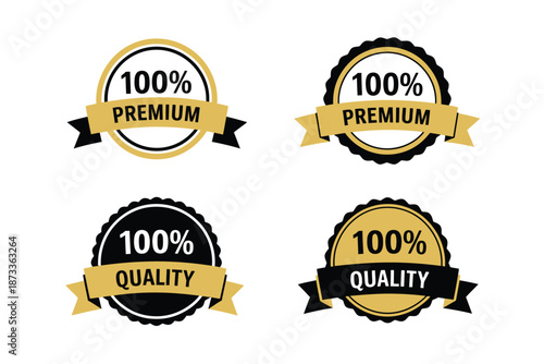 Four different 100 percent premium and quality labels on a white background