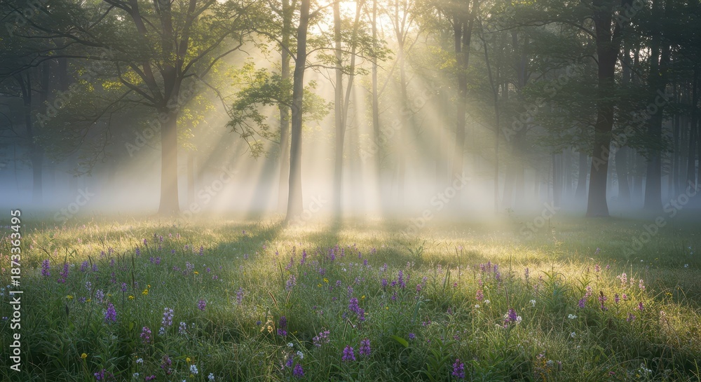 Fototapeta premium Serene misty forest clearing bathed in soft sunlight filtering through the trees, illuminating a vibrant meadow of wildflowers ,woods, wildflowers, plants