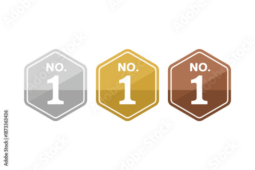 Three hexagonal badges with number one ranking in different colors