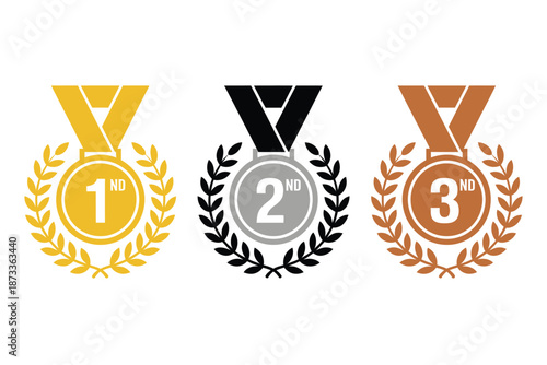 Three medals with laurel wreaths and ribbons for first, second, and third place winners