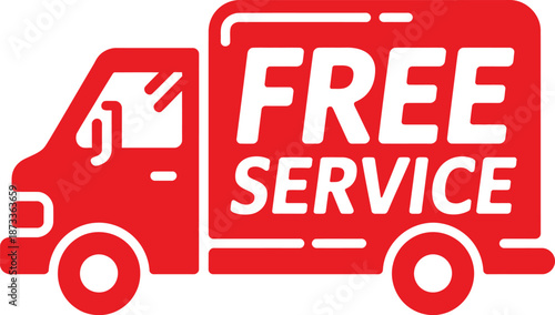 A red truck with free service written on the side panel