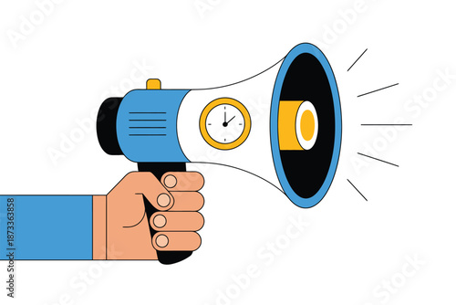 A hand holding a megaphone with a clock on it, announcing time sensitive information.