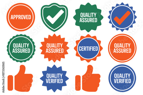 A collection of quality assurance badges and certified labels on a white background