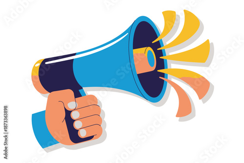 A hand holding a blue megaphone with yellow sound waves coming out