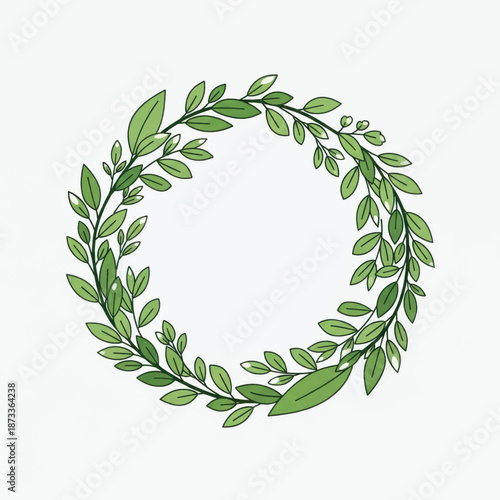 Circular green laurel wreath design composed of fresh leaves for decorative framing.