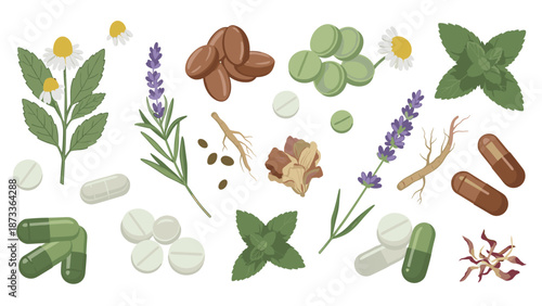 Diverse array of herbal ingredients such as chamomile, lavender, mint, and root extracts, alongside various medicinal pills and capsules, all rendered in a detailed pixel art style.